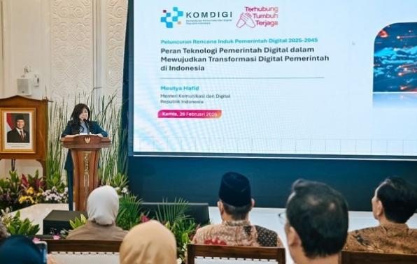 Menkomdigi Meutya Hafid menyampaikan sambutan dalam Soft Launching Rencana Induk Pemerintah Digital 2025-2045 di Kantor Bappenas, Jakarta Pusat, Kamis (26/02/2026). Foto: Komdigi